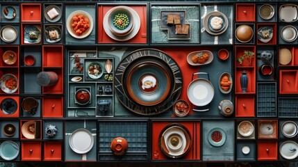 Fototapeta premium A beautifully arranged table featuring various dishes and utensils for a communal dining experience.