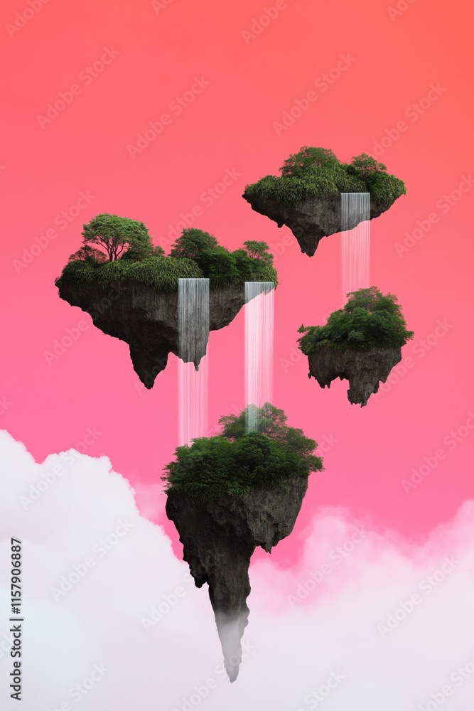 Poster a pink background with a blue sky and a tree in the middle. the tree is surrounded by waterfalls and