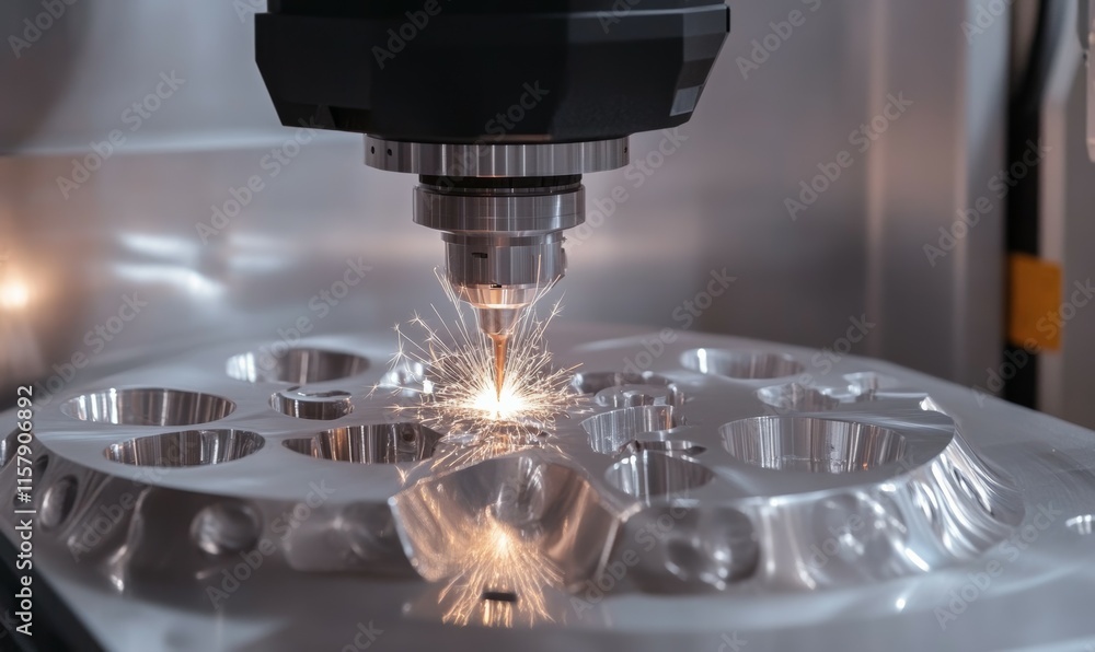 Poster precision machining process with a lathe shaping metal into intricate components, sparks in motion.