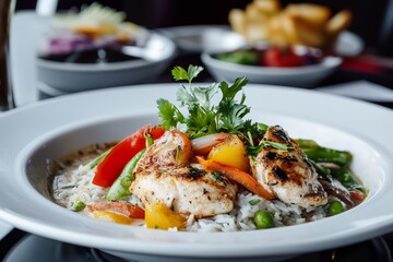 Grilled chicken with vegetables on rice in a white plate