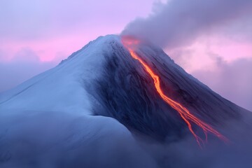 A volcano with a lava flow coming out of it. The sky is pink and the mountain is covered in snow