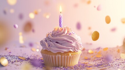 Festive cupcake with candle, confetti, and sprinkles.
