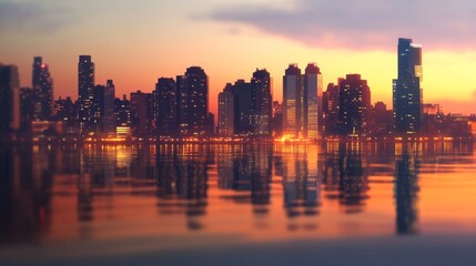 Serene City Skyline with Reflective Surfaces at Dusk