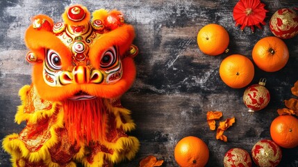 Vibrant Chinese Lion Dance Costume with Oranges and Decorations