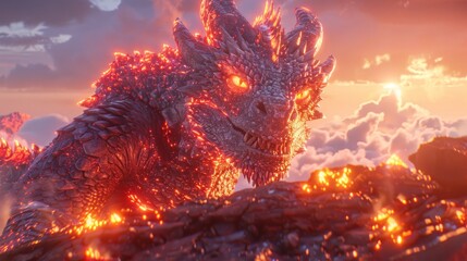 A fiery dragon emerging from molten rock, set against a dramatic sunset sky.