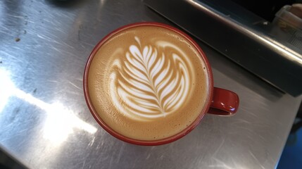 Top View of Latte with Beautiful Milk Foam Design in Red Cup