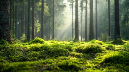 Obraz premium Serene Forest Scene with Soft Light and Mossy Ground