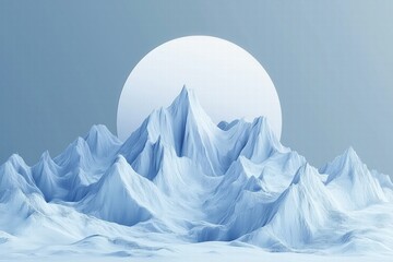 Surreal icy mountain landscape under a pale circular sun. otherworldly and serene environment