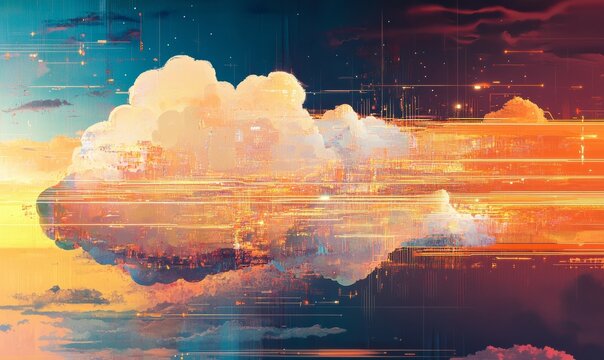 An illustration, image, sci, Science, Technology, Engineering, of a digital cloud with data streams symbolizing cloud computing
