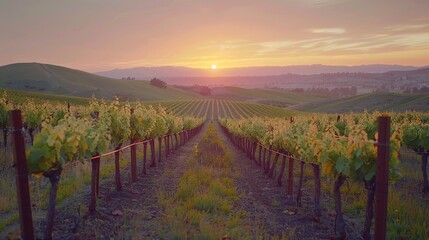 Naklejka premium A serene vineyard at sunset, showcasing rows of grapevines under a colorful sky.