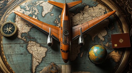 Vintage airplane model on world map with compass and globe.