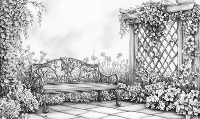 Quiet garden scene pencil drawing, ornate wrought-iron bench surrounded by blooming flowers, delicate vines climbing a wooden trellis, tranquil atmosphere,