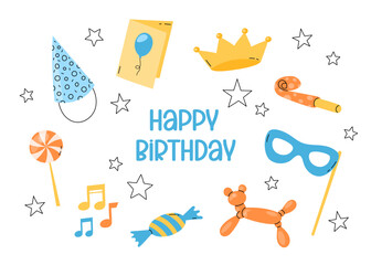 Happy Birthday vector greeting card. Horizontal illustration. Cute fun elements. Funny flat colorful hand drawn kid bday card design