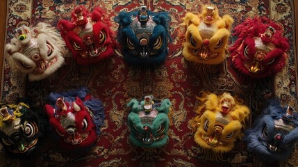Colorful Traditional Lion Dance Masks on Decorative Rug Display
