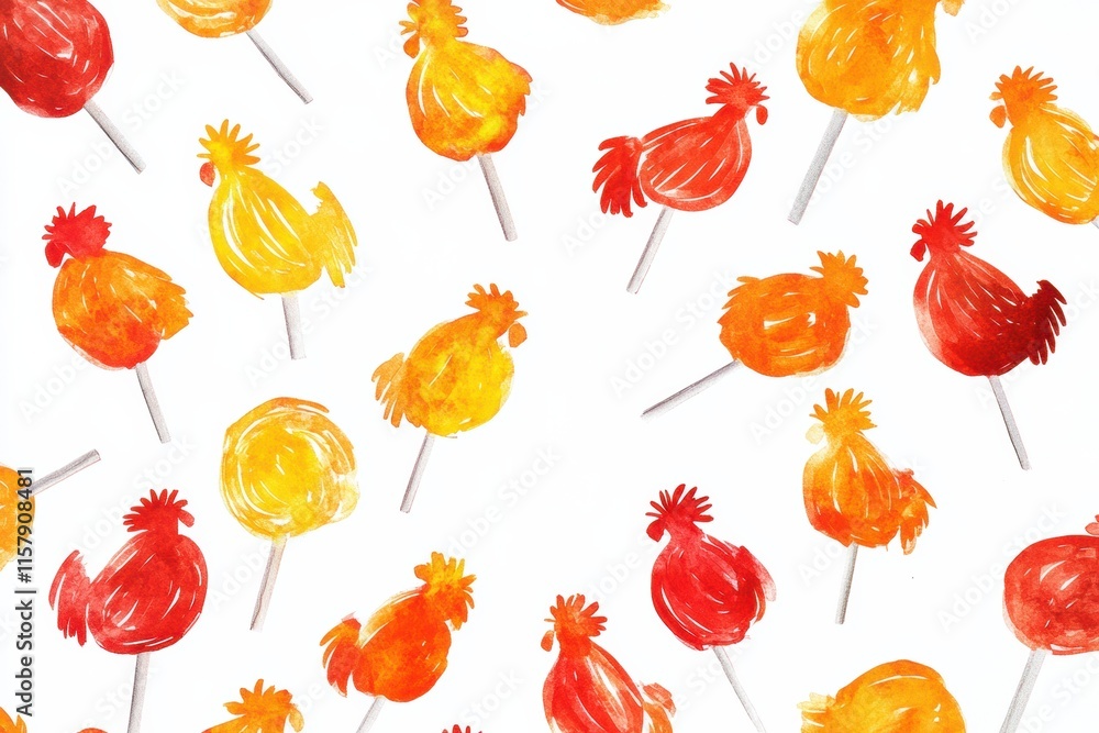 Poster Colorful rooster shaped lollipops scattered on a white background with ample space for creative text placement. Generative AI