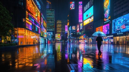 Person with umbrella walking in a vibrant, rain-slicked city at night.