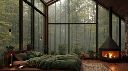 A peaceful bedroom with glass walls offers a stunning view of a lush green forest, fitted with a modern fireplace, evoking tranquility and natural beauty.