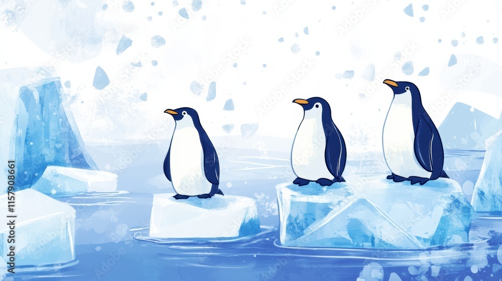 Poster playful penguins on floating icebergs enjoying a lively moment in a serene icy landscape with space 