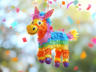 Colorful Piñata Hanging Amidst Festive Confetti for Birthday Celebrations