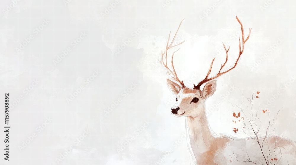 Poster elegant illustrated deer with branching antlers in a serene, natural setting suitable for mock up. g