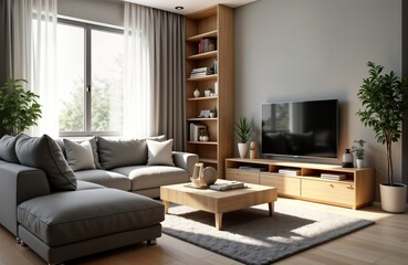 Fototapeta premium Cozy modern living room interior featuring sectional sofa wooden coffee table TV stand with large flat-screen TV, tall wooden bookcase. Natural light streams through large window. Stylish decor with