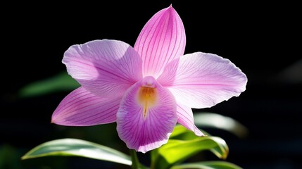 Obraz premium A vibrant pink orchid flower in natural light against a dark background.