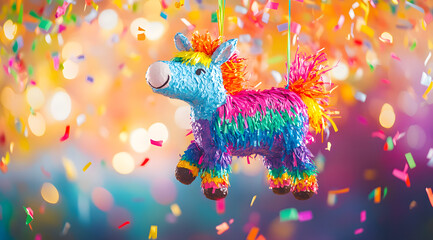 Colorful Rainbow Piñata Hanging with Confetti in a Festive Celebration