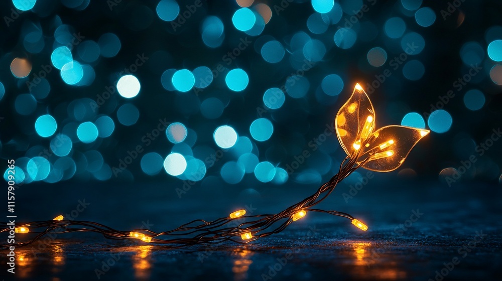 Aufkleber illuminated leaf-shaped lights on dark background with bokeh.