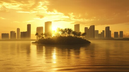 Fototapeta premium Sunset Over Urban Islands with Golden Lighting