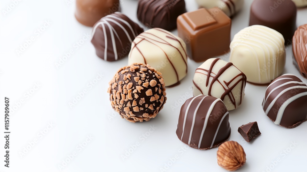 Poster bunch of chocolate candies with different shapes and sizes. one of them is broken
