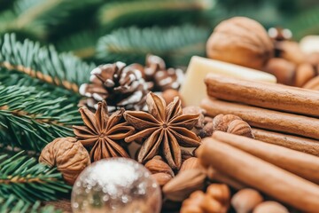 Christmas spices and nuts with pine branches on rustic table. festive flavor