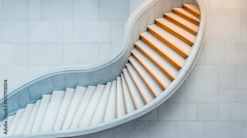 Poster staircase with a white railing and wooden steps. the steps are arranged in a spiral pattern