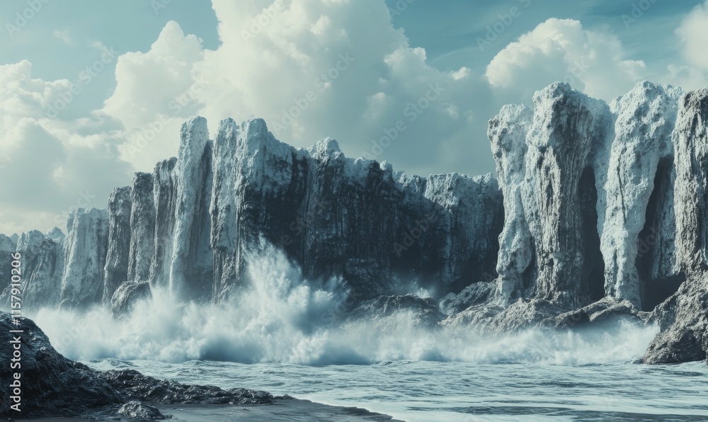 Poster rocky ocean shoreline with waves crashing against jagged cliffs, foam forming intricate patterns.