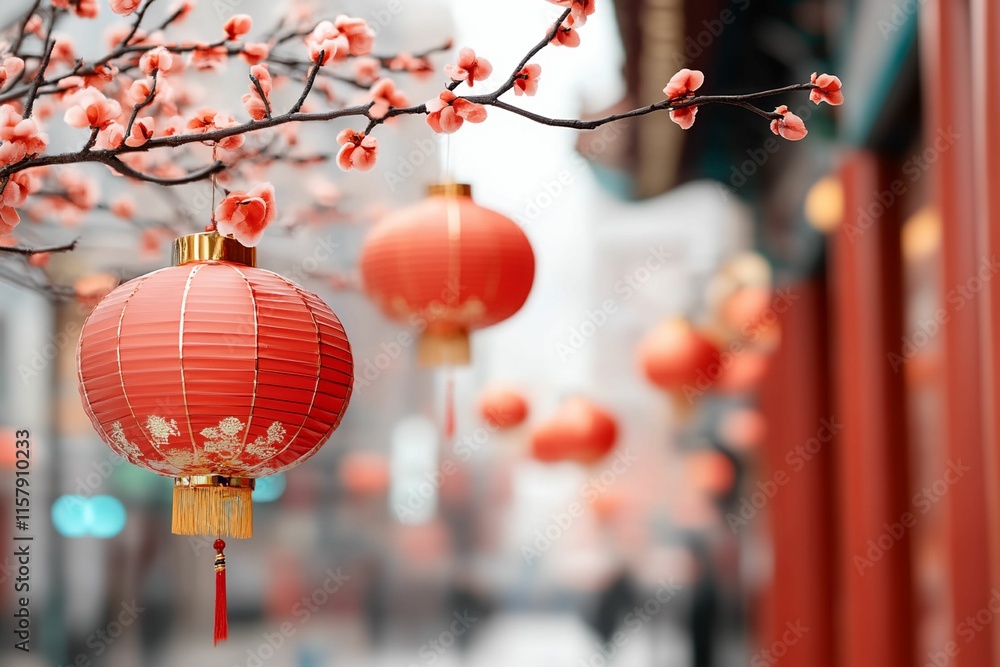 Poster red lantern hangs from a tree branch. there are several red lanterns hanging from the tree