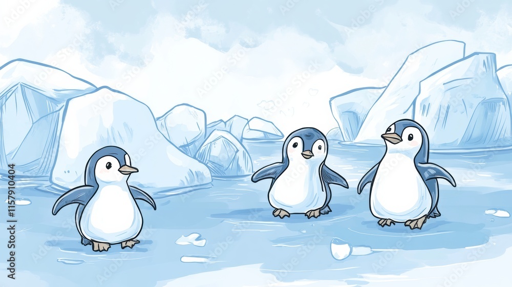Fototapete Playful penguins enjoying a fun time on floating icebergs with room for text. Generative AI
