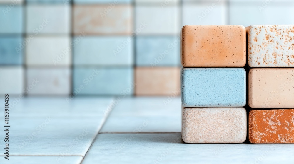 Poster stack of soap bars with different colors. the top bar is blue. the bottom bar is orange