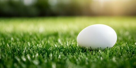 White egg is laying on the grass. The egg is laying on the grass in the middle of the field