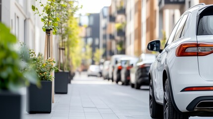 Obraz premium White car is parked on the side of a street. There are several other cars parked along the street