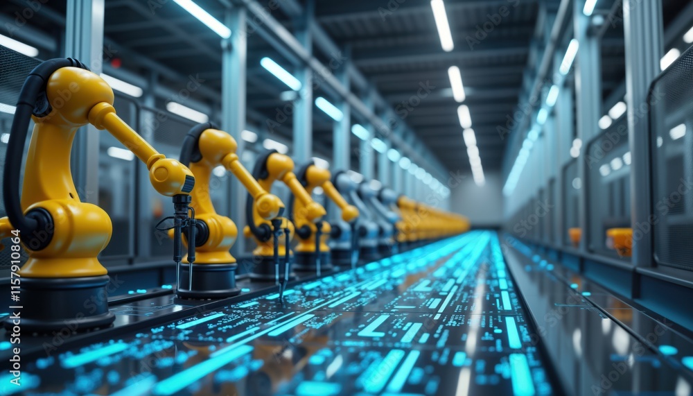 Poster automated manufacturing line with robotic arms performs assembly tasks in modern smart factory. conn