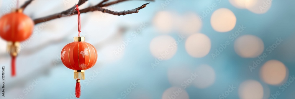 Poster red lantern is hanging from a tree branch. the branch is thin and brown
