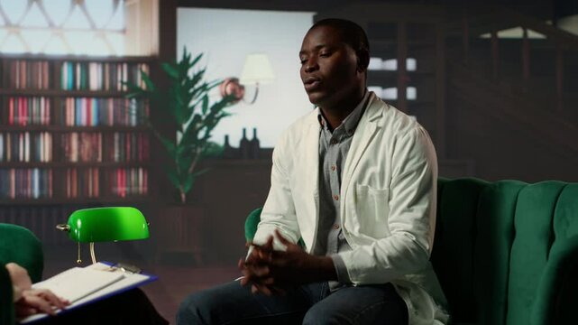 Professional counselor in therapy session with black medic experiencing trauma after losing patients, discussing stress disorder and anxiety. Psychological health and support system. Camera B.