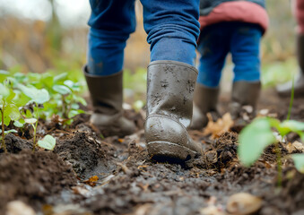 Fototapeta premium Children Trekking Through Muddy Garden