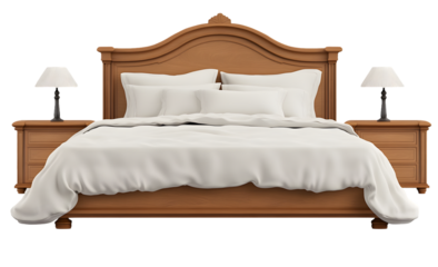 Elegant Wooden Bed with Soft White Bedding and Bedside Lamps - Cozy Bedroom Decor