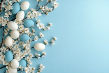 A serene Easter arrangement features soft blue and white eggs among flowering branches on a calming blue background, enhancing the tranquil beauty and evoking peace and joy during the festive season