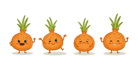 set of Cute cartoon onion characters with emotions. Cute onion with smile isolated on white background. Onion in different poses. Vector illustration.
