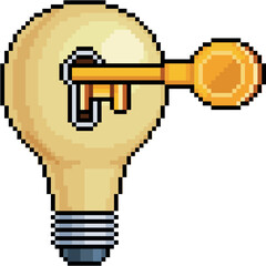 Pixel art of light bulb with a golden key in 8-bit style on white background