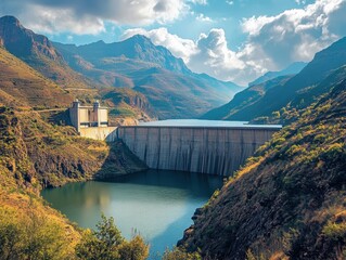 Hydroelectric Dam Amidst Majestic Mountains and Serene Reservoir in Scenic Valley