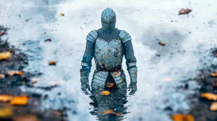 Fototapeta premium Medieval knight reflecting in puddle after battle