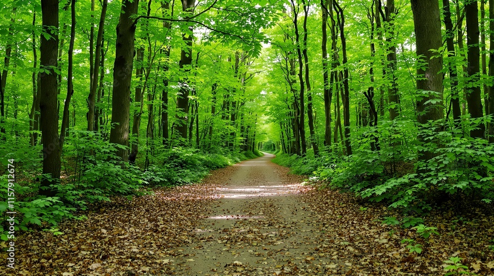 Poster the image shows a winding dirt path leading through a dense green forest with tall trees and fallen 