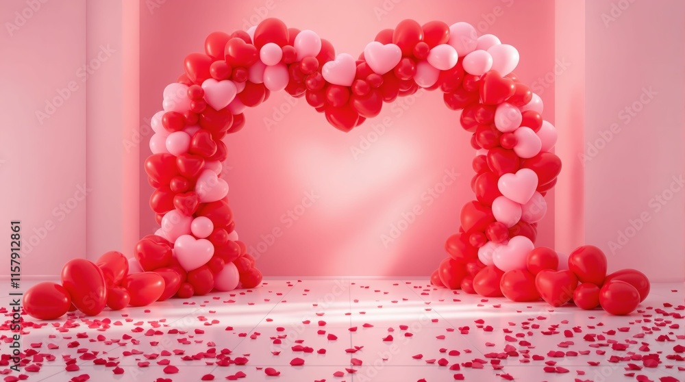 Aufkleber the image shows a heart-shaped arch made of red and white balloons. the arch is set against a pink b